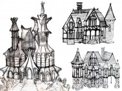 Design for Dracula house on the left and two Tudor house on the right 