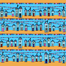 Seaside beach huts with colourful bunting, repeating artwork