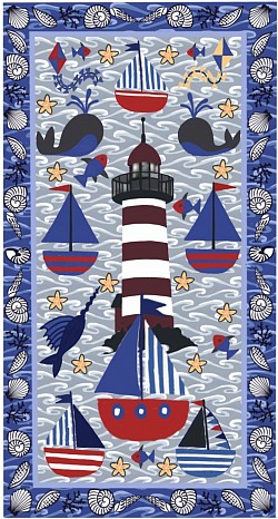 Seaside design with boats Shells starfish fish Lighthouse and kites.