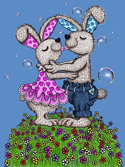 Loving bunnies first kiss digital illustration